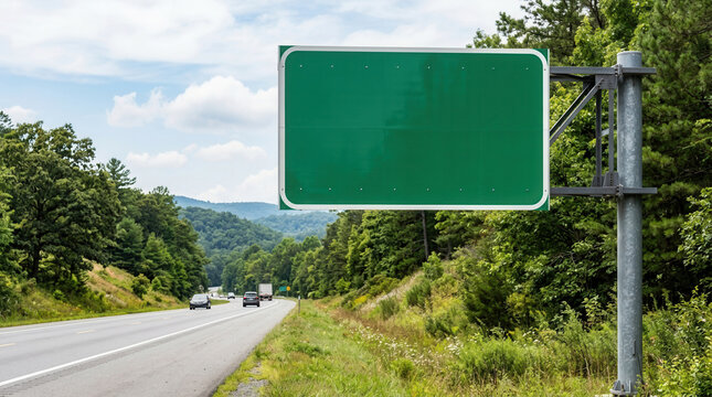 Empty Green Highway Sign in Scenic Mountain Landscape With Passing Traffic