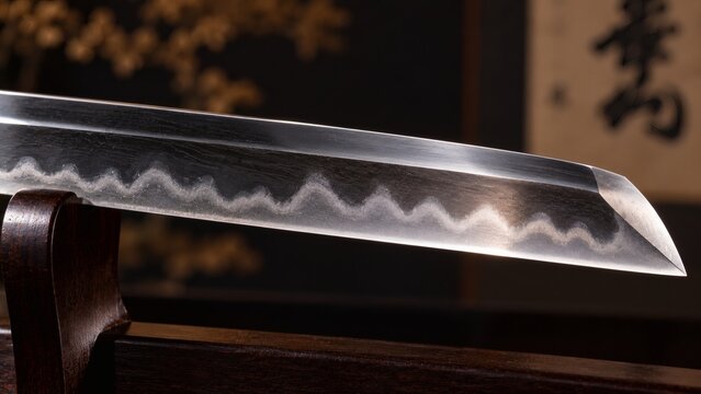 Close up of a sharp Japanese katana sword blade with a beautiful wavy hamon temper line pattern