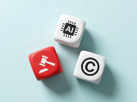 Dice displaying AI symbol copyright sign and legal gavel representing artificial intelligence copyright law intellectual property rights and regulation concept
