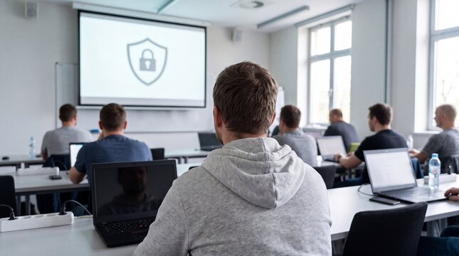 Corporate cybersecurity training session with a presenter discussing digital security and data protection to employees.