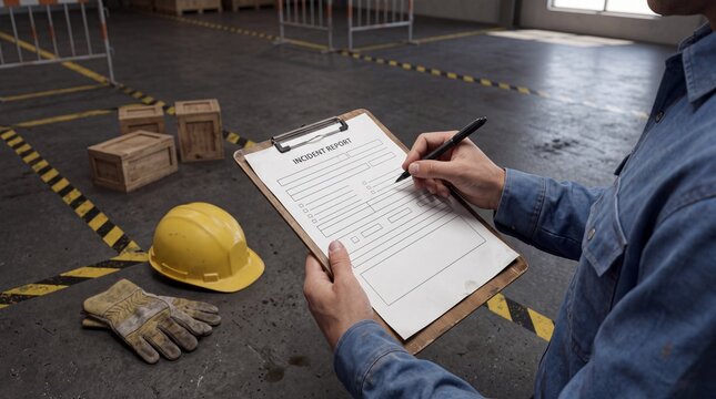 Worker conducting a workplace safety inspection while documenting hazards near protective equipment and warning tape.