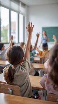 Students raising their hands during an engaging classroom lesson with a teacher.