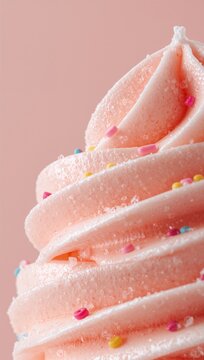 Pink ice cream swirl topped with colorful sprinkles on a pastel background.