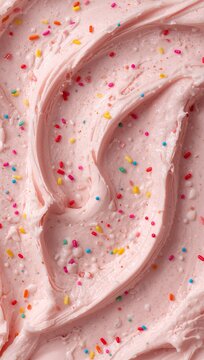 Pink ice cream decorated with colorful sprinkles, creating a creamy and festive dessert texture.