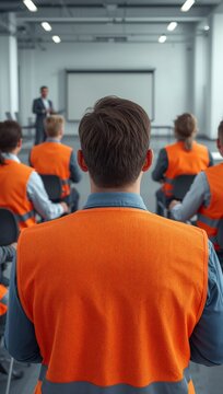 People wearing orange uniforms attending a classroom training session with an instructor.