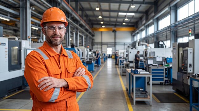 Factory worker in orange protective clothing standing confidently inside a modern industrial manufacturing facility.