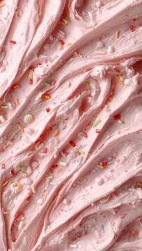 Pink ice cream decorated with colorful sprinkles, creating a creamy and festive dessert texture.