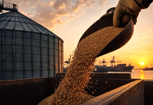 Grain being poured from silo into container at sunset near port