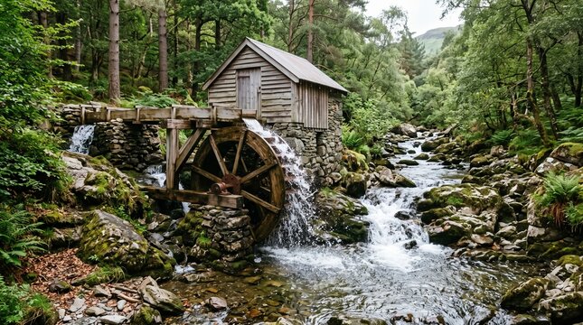Old wooden watermill with rotating water wheel beside a rocky forest stream in lush green woods