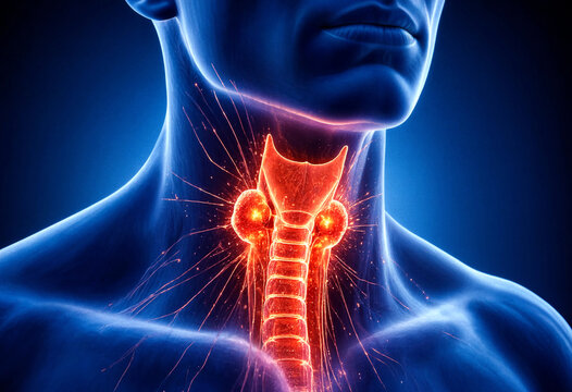Human anatomical illustration showing thyroid gland and cervical spine nerves highlighted