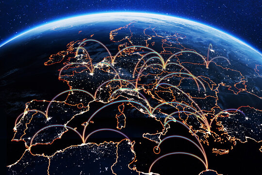 Planet Earth at night with glowing European continent, city lights, and illuminated connection arcs. Concept of global network, telecommunications, data transfer, internet, and satellite technology.