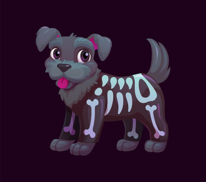 Dog skeleton or Halloween character for cartoon arcade game and scary holiday party animal icon. Funny dog in costume of dead skeleton or cute zombie monster for Halloween spooky personage