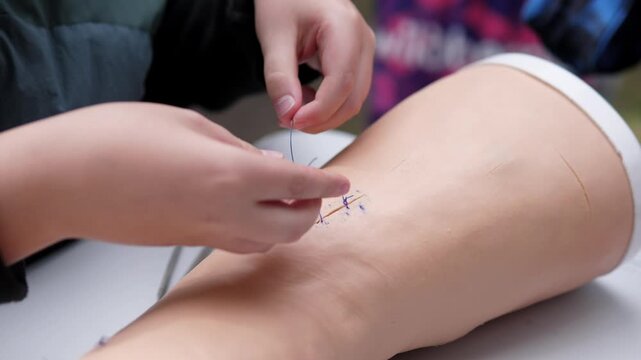 Close up shows hands actively adjusting needle and thread on pale mannequin leg with visible stitched wound, creating careful medical training scene in soft light, shallow focus, and calm