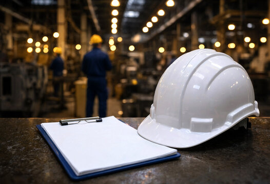 Industrial worker wearing safety helmet in manufacturing facility with clipboard nearby