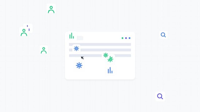 Clean digital dashboard interface with search icons and data visualization on white grid background