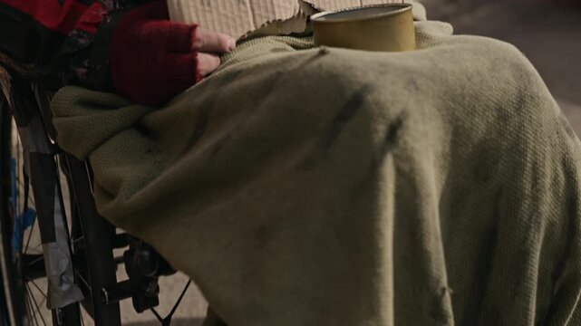 Homeless adult with disability in wheelchair holding cardboard help sign on city street. Footage suitable for charity campaigns and social awareness projects about poverty