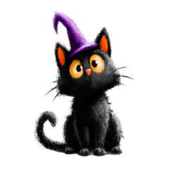 Fototapeta premium Cute black cat wearing a purple witch hat for Halloween