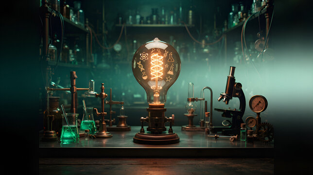 Steampunk laboratory with glowing lightbulb, vintage scientific instruments, and green chemical bottles on wooden surface against dark background.