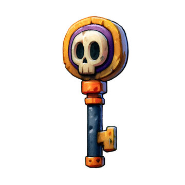 Stylized cartoon key with a skull emblem and orange accents