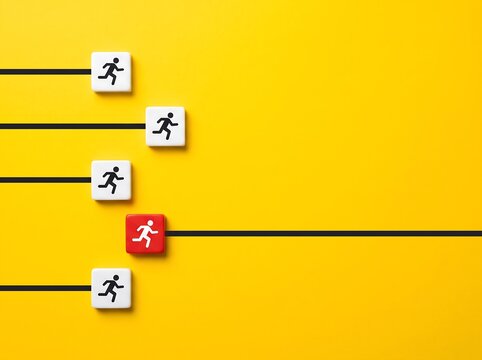 Red Wooden Block Standing Out from White Blocks with Running Man Icon on Yellow Background - Leadership, Competition and Standing Out from Crowd Concept