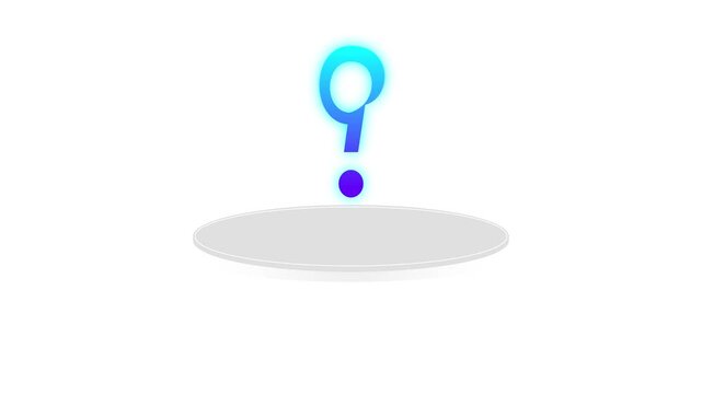 Glowing blue neon question mark floating on circular platform over white background 3D animation