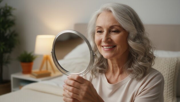 Mature woman with gray hair smiling while checking her appearance in a handheld mirror in a calm bedroom environment