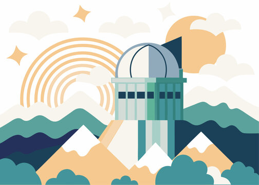 Astronomical observatory building on mountain peak at sunset flat vector graphic