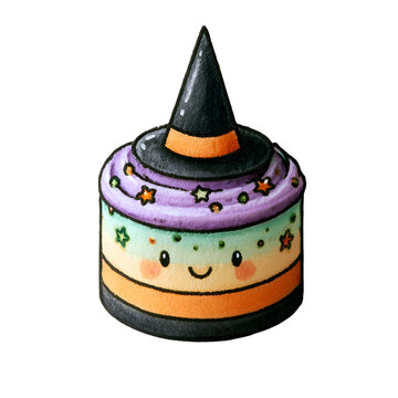 Cute Halloween witch hat cake with stars and smiling face