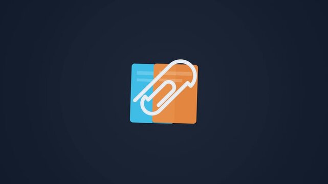 Minimalist office paperclip icon with document sheets on dark blue background motion graphic