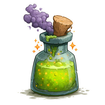 Magical potion in a glass bottle with glowing green liquid and purple smoke