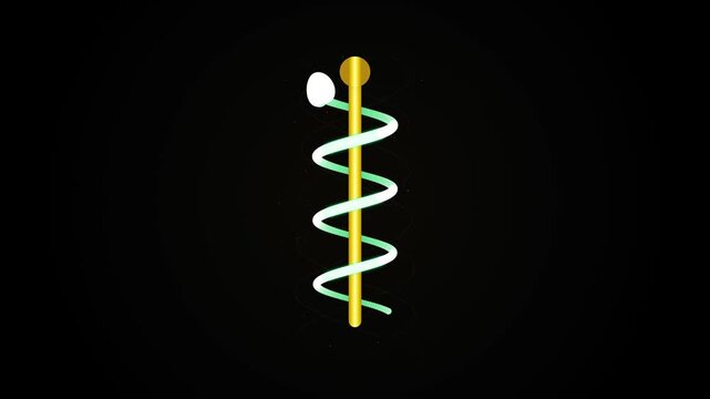 3D abstract medical symbol with glowing white helix spiral on gold staff against black background