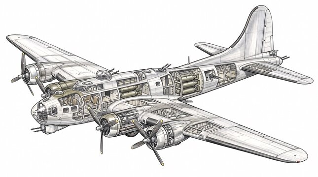 A detailed technical cutaway illustration of a B-17 Flying Fortress bomber aircraft shown from a high-angle perspective against a white background.
