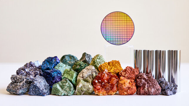 Assorted rare earth mineral crystals with natural irregular shapes and varied saturated colors arranged from cool blue to green and warm red in a carefully ordered gradient, sleek polished metal cyl