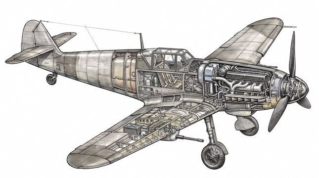 Cutaway illustration of a World War II Messerschmitt Bf 109 fighter
