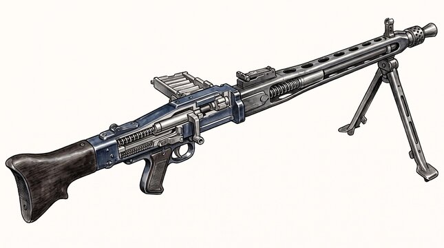 Digital illustration of a World War II era MG 42 general-purpose machine gun on a bipod