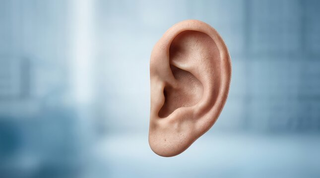 Human Ear Anatomy Close- Up With Soft Blue Blurred Background body part hearing