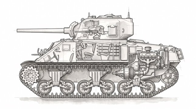 A detailed technical cutaway illustration of a Sherman tank viewed from the side, revealing the internal engine, transmission, and crew compartment against a plain white background.