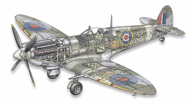 Detailed technical cutaway illustration of a World War II Supermarine Spitfire fighter aircraft