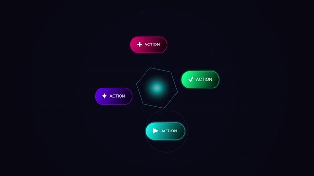 Futuristic digital user interface with glowing interactive action buttons and central geometric hexagon icon