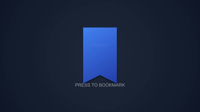 Minimalist blue bookmark icon animation with press to bookmark text on dark background