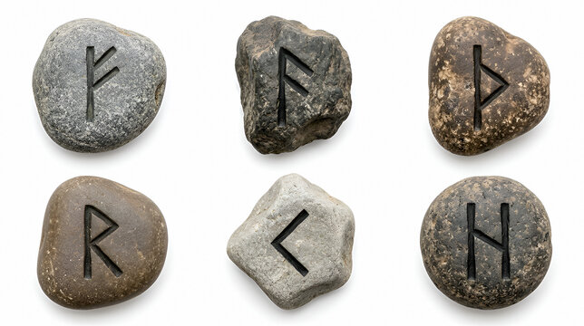 Six stones with carved runes on white background