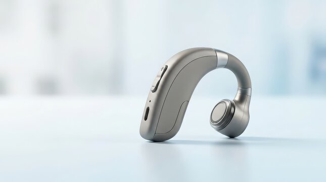 Modern silver behind-the-ear hearing aid device on a light blue surface audiology hearing loss