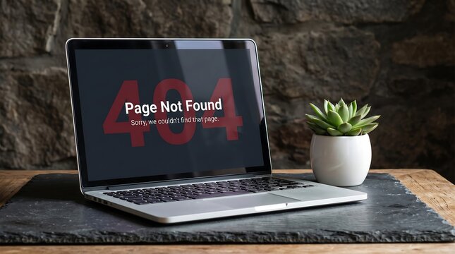 Laptop Displaying 404 Page Not Found Error on Dark Stone Table &ndash; Website Error Screen Concept with Succulent Plant and Modern Workspace Background