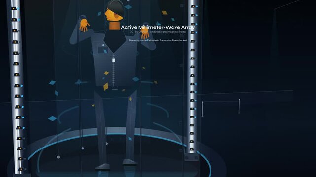 3D animation illustrating the operation of a millimeter-wave airport scanner detecting concealed anomalies using dielectric boundary interaction and automated target recognition