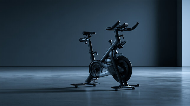 Modern indoor cycling studio with sleek stationary exercise bikes on a dark floor, dramatic blue lighting and spacious copy space, professional fitness and workout background