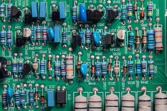 Top view, electronic circuit board, transistors, resistors, capacitors, and diodes on the printed of an amplifier circuit board