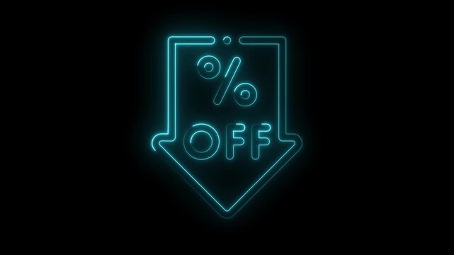 Animated glowing neon discount arrow with percent symbol against dark background