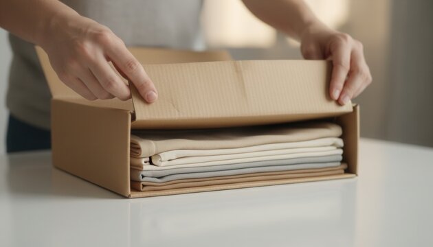 Hands carefully opening a cardboard shipping box that reveals neatly folded neutral colored textiles resting on a white table