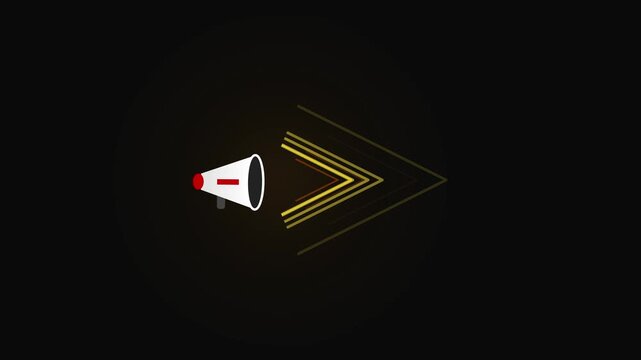 Minimalist flat design megaphone animation emitting golden sound waves over a professional dark background