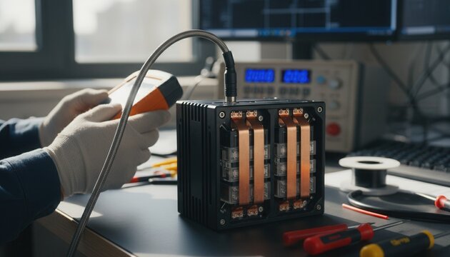 Professional technician carefully configuring a compact battery management system prototype with heavy duty copper busbars